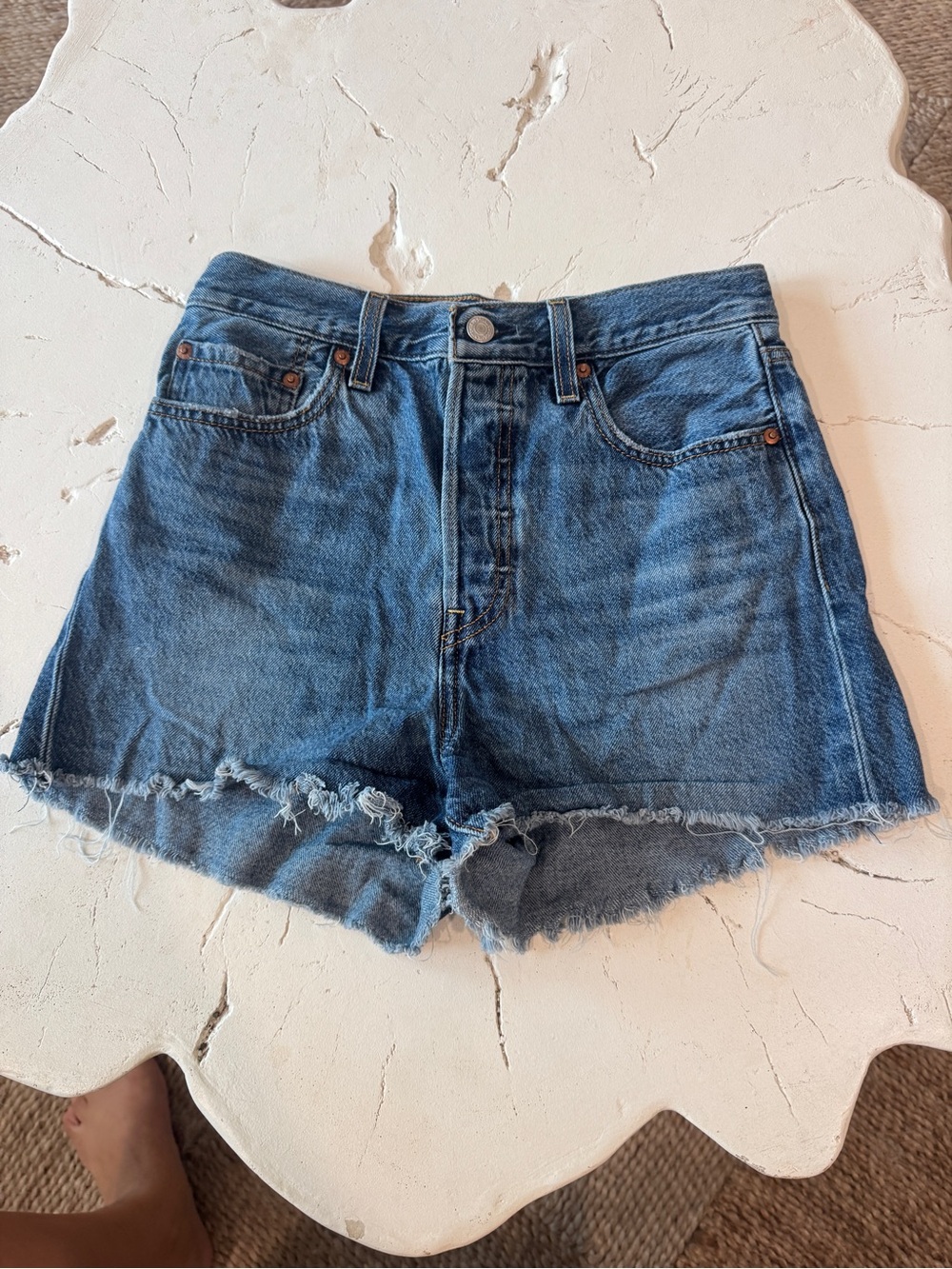 Levi's Blue High-Rise Frayed Hem Jean Shorts